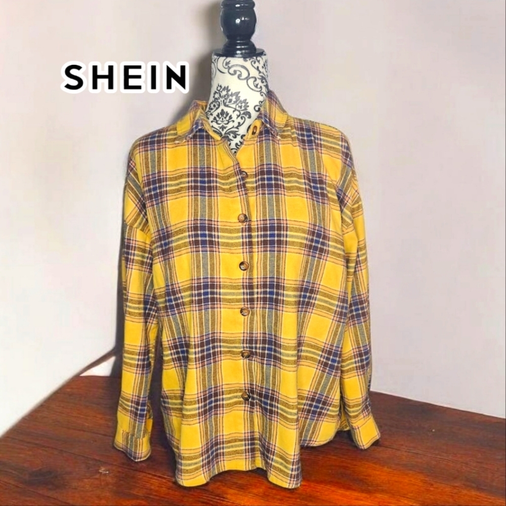 SHEIN Yellow Plaid Oversized Button-Up Shirt - Small